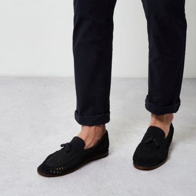 Navy blue woven leather loafers